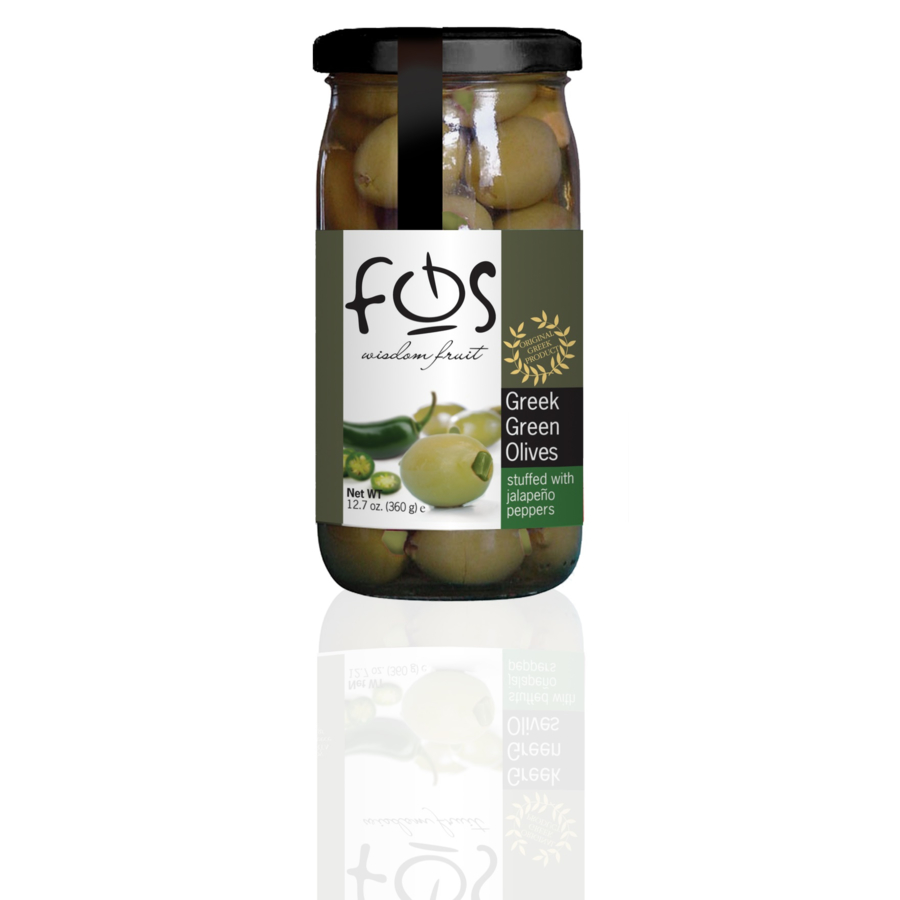 FOS Greek Green Olives Stuffed with natural ingredients in glass jars