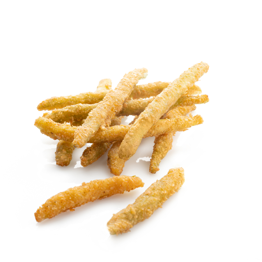 Crispy green beans Frozen precooked lightly breaded.