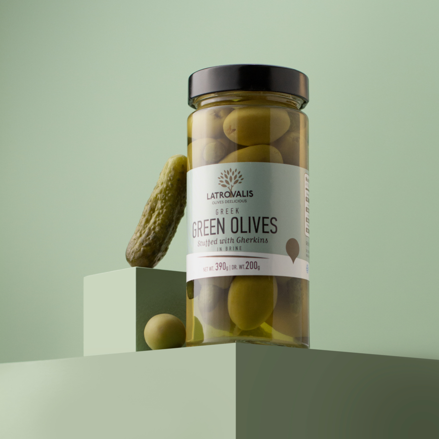 Green Olives Stuffed With Baby Gherkins packed in a jar Latrovalis