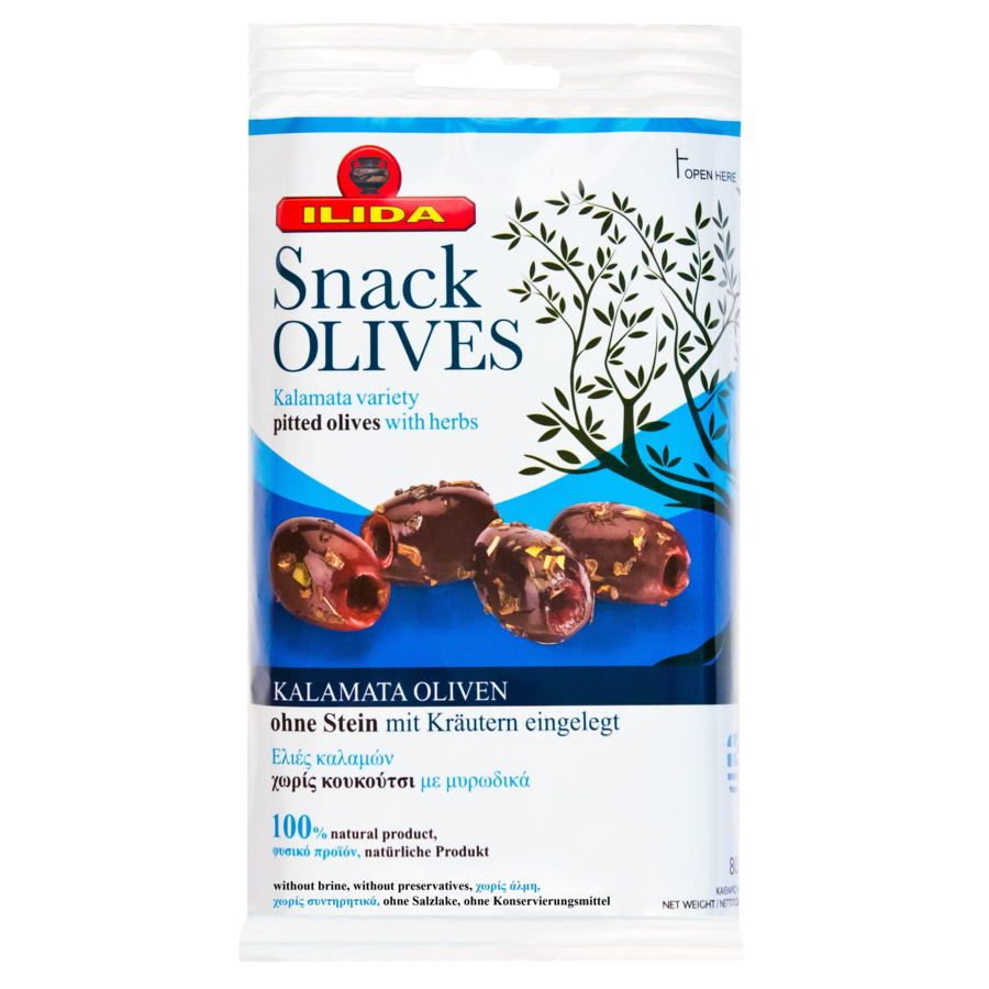 Kalamata variety pitted olives with herbs 80 gr. net weight ( c/box 15