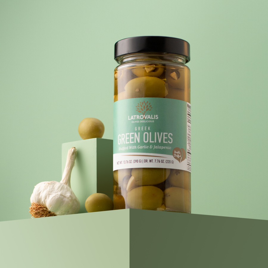 Green Olives Stuffed Garlic Chalkidiki Latrovalis Jar
