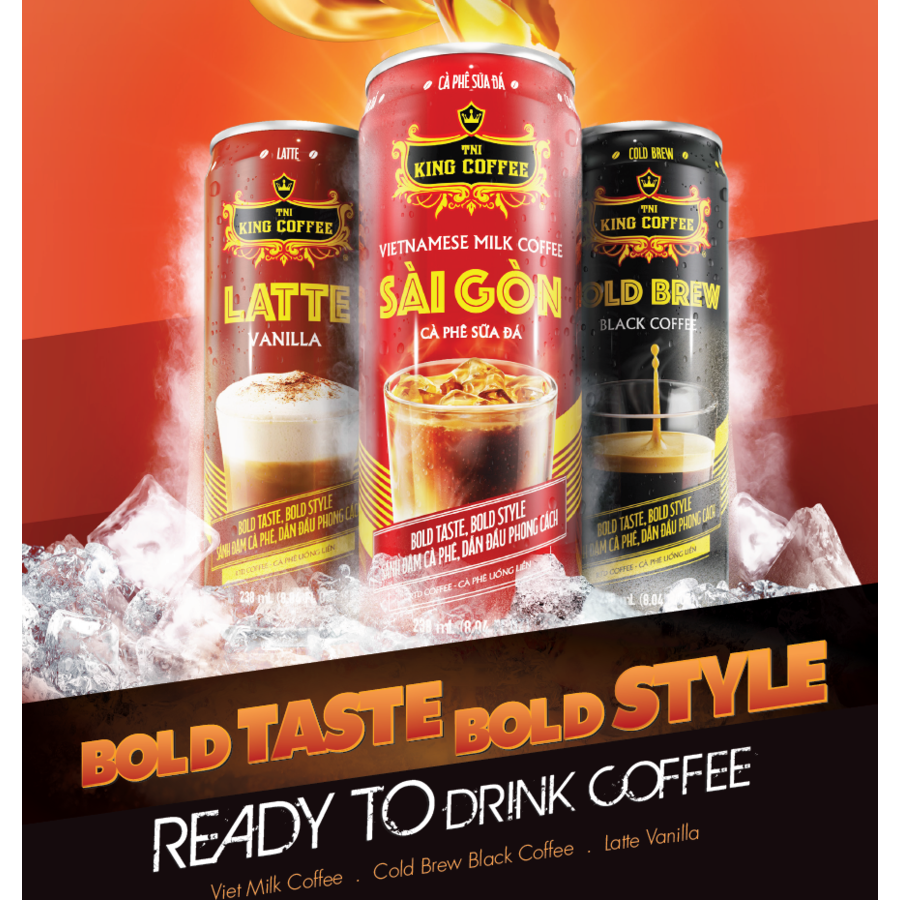 KING COFFEE RTD LATTE VANILLA, CAFE SUA DA, BLACK COFFEE