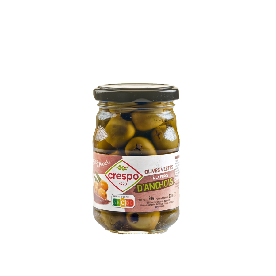 Green olives with anchovy stuffing 120g net drained weight COMOLIVE